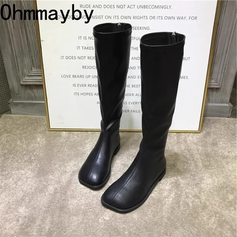 

Street Style Stretch Women Knee High Boots Fashion Elegant Square Toe Shoes Women's Modern Flats Long Booties