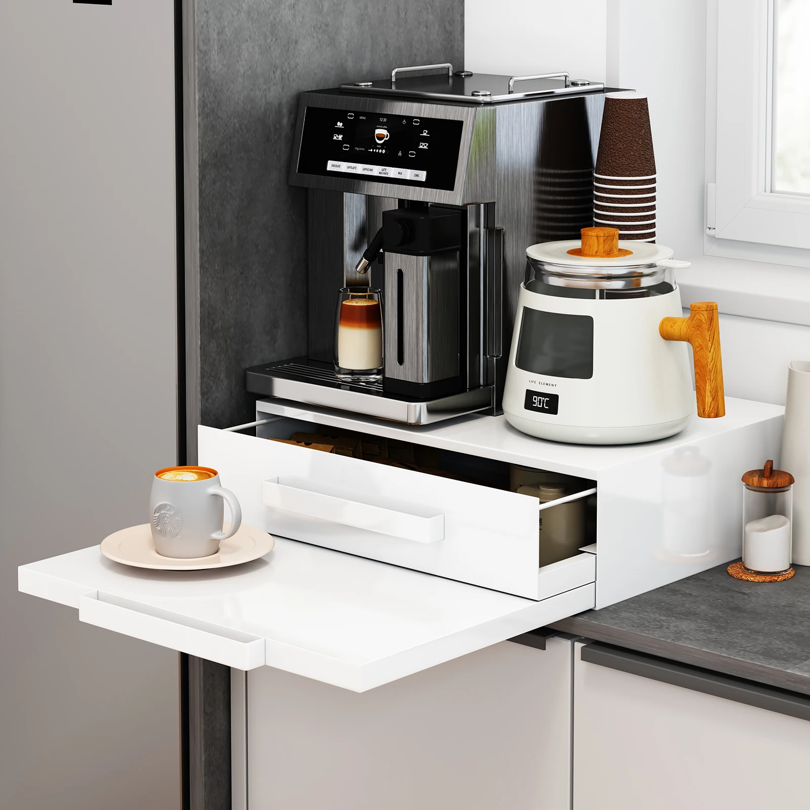 Cafe Restaurant Kaffeemaschinen-Aufbewahrungsregal mit zweistufigem Getränkehalter, Schublade, Kaffeetasse, Kaffeekapsel, Wasserbecher, Teetassen-Aufbewahrung, hochwertiges Luxusgefühl