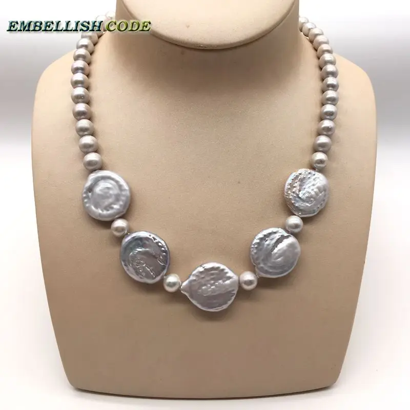 

Ethnic Style Gray Grey Large Flat Round Coin And 8mm Bead Nearround Freshwater Pearls Choker Necklace Fold Face For Women