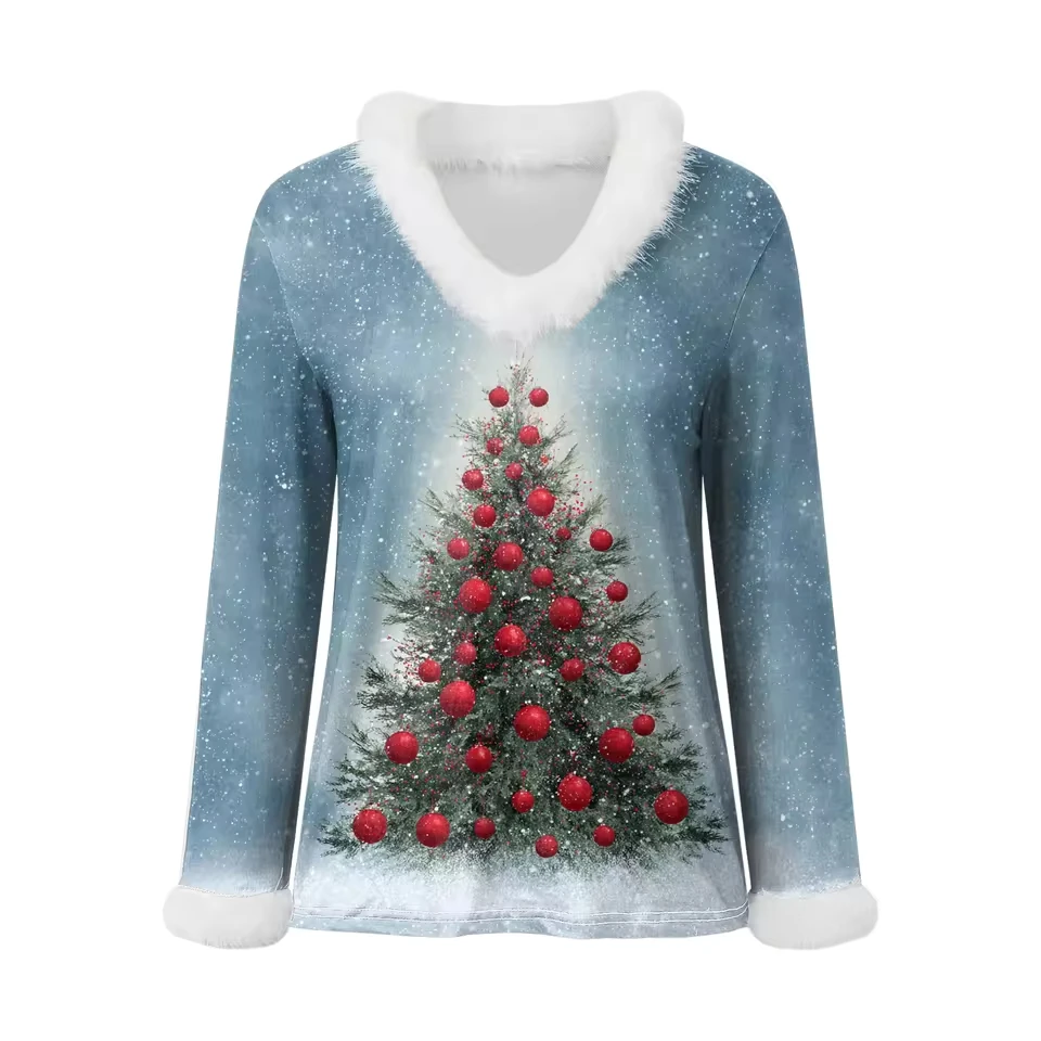 

Women's Christmas Print Fleece V Neck Casual Tops Loose Long Sleeve Pullover Top Autumn Winter Vintage Thicken Warm T-shirt