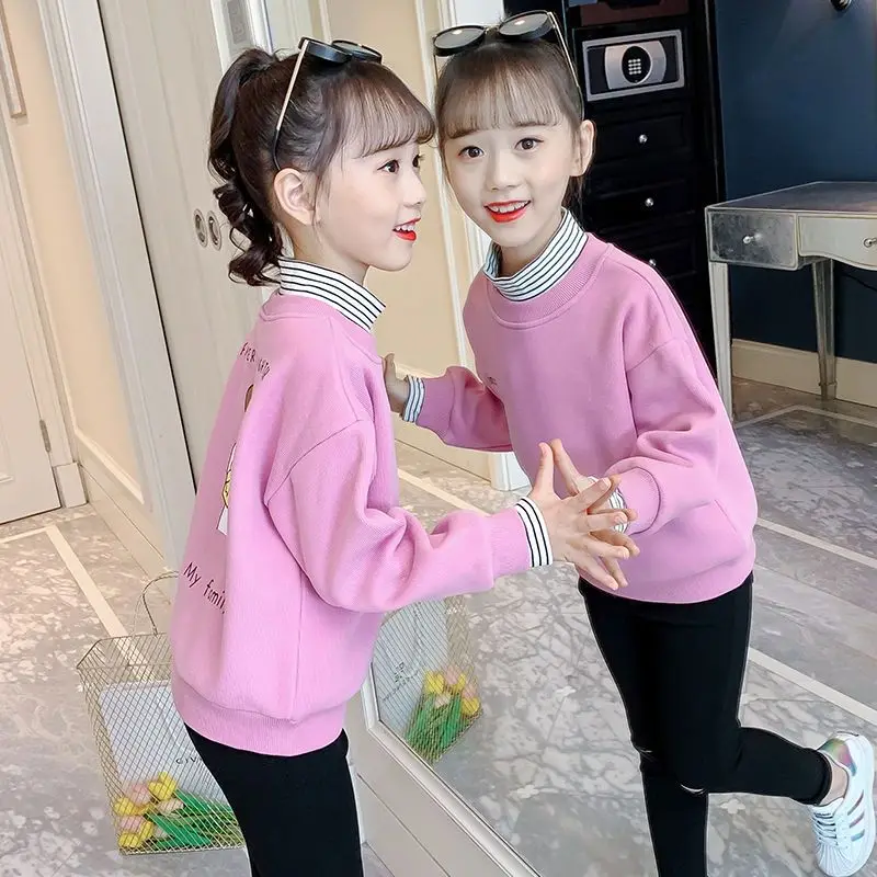 Girls' 2025 New Autumn/Winter Faux-two-piece Thickened Crewneck Pull-on Base Layer Top for Mid-Big Kids