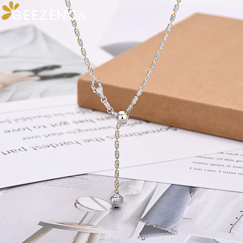 GEEZENCA 925 Sterling Silver Two Tone Olive Beads Chain Necklace For Women 50cm Pull-out Design Chokers Necklaces 2024 New