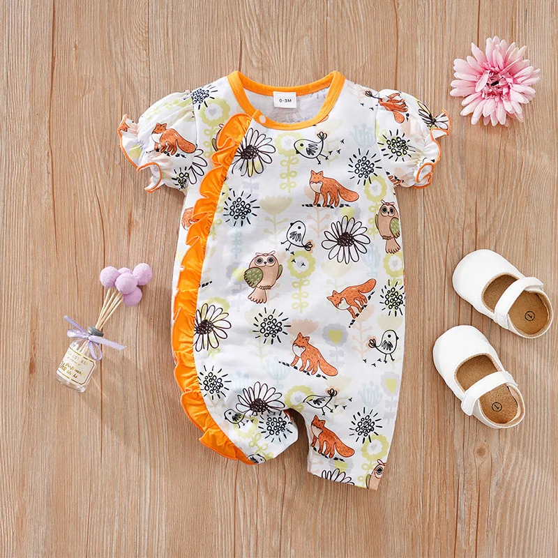 Newborn Clothes Countryside Flower Print Casual And Comfortable Soft Boys And Girls 0-18 Summer Short Sleeved Baby Jumpsuit