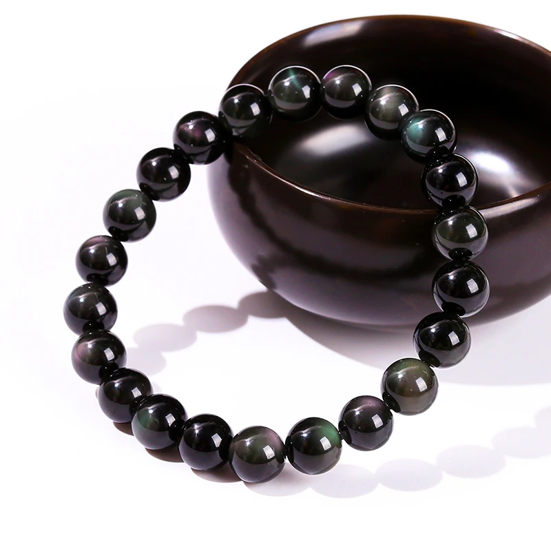 JD Natural Rainbow Obsidian Round Beads Bracelet Women Men Fashion Colorful Black Obsidian Yoga Energy Buddhist Strand Bangles