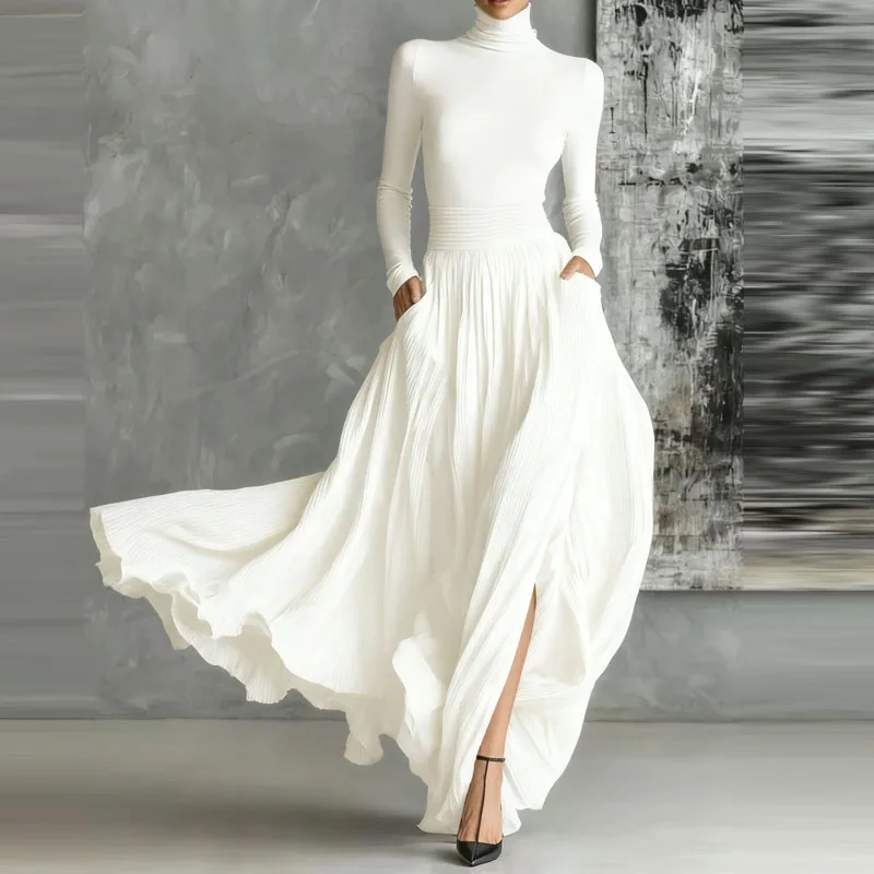 أنيقة الياقة المدورة البلوز وتنورة طويلة مجموعة المرأة عادية كم طويل جيب الصلبة تنورة وتتسابق موضة ثنيات سليم 2 قطعة الدعاوى