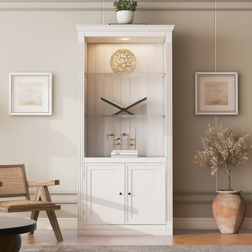 

Книжный шкаф в стиле фермерского дома, 78,75 дюймов в высоту, 4-ярусный, с 5-цветной регулируемой подсветкой, дверцами для хранения и регулируемыми стеклянными полками - белый