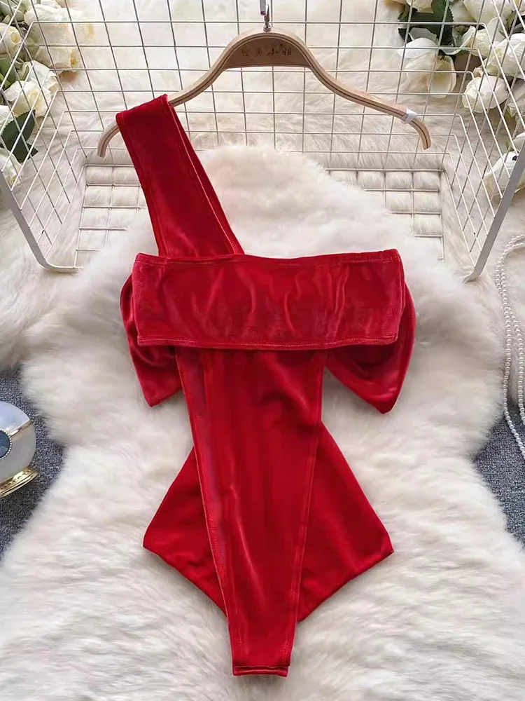 Women Christmas Velour Strappy Rompers Fashion Bow Tight One Shoulder Catsuit Sexy Solid One Piece Combination Bodysuit