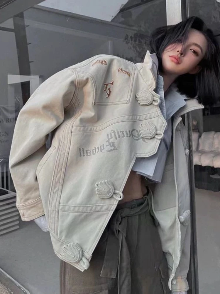 

Джинсовое пальто в китайском стиле с принтом в стиле пэчворк, нерегулярные однобортные джинсовые куртки Y2k, уличная одежда, винтажные топы, свободная женская одежда