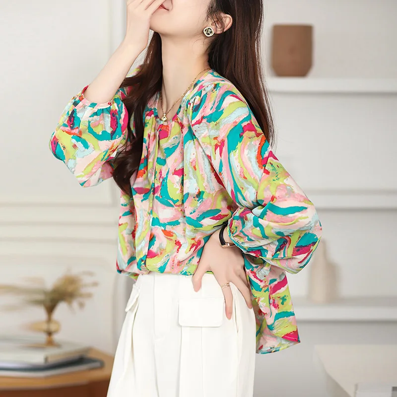 Women Clothing Fashion Hand-Painted Print Chiffon Shirt Spring Summer Casual Loose O-neck Lantern Sleeve Blouse Chic Button Tops