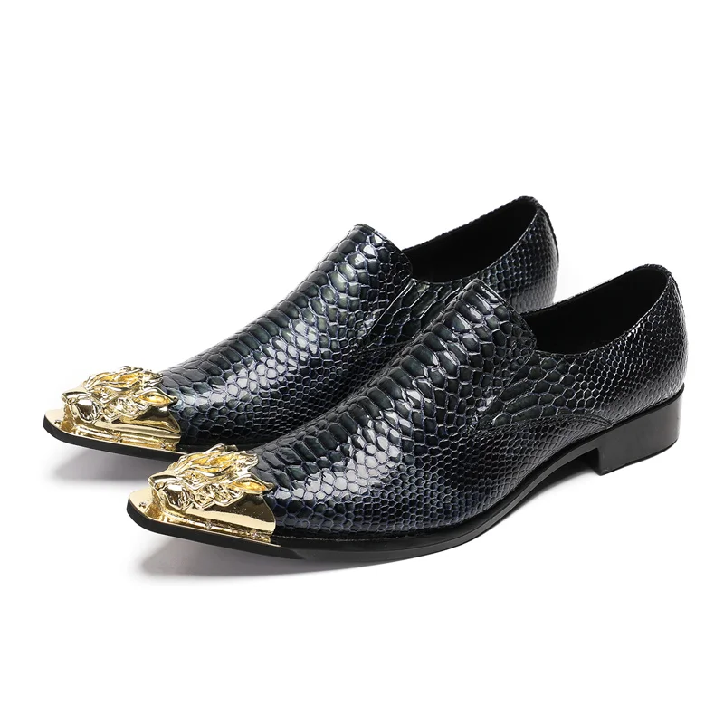 

Men's pointed leather shoes with snake pattern design, handmade leather shoes, metal decoration, banquet trend
