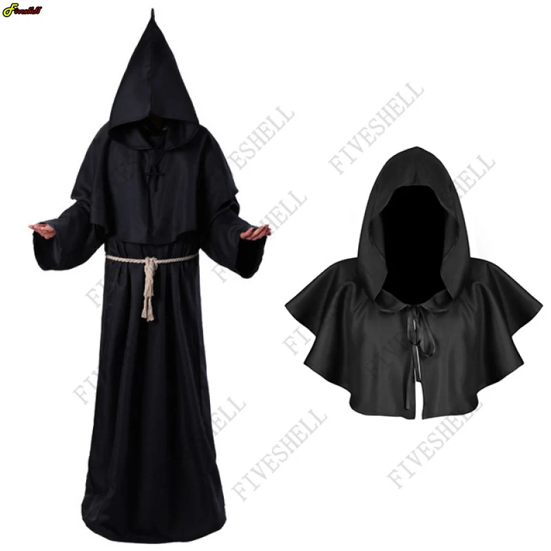 Priest Costume Men  Medieval Cowl Mantle Monk Cross Hooded Cloak Friar Robe Halloween Wizard Cosplay