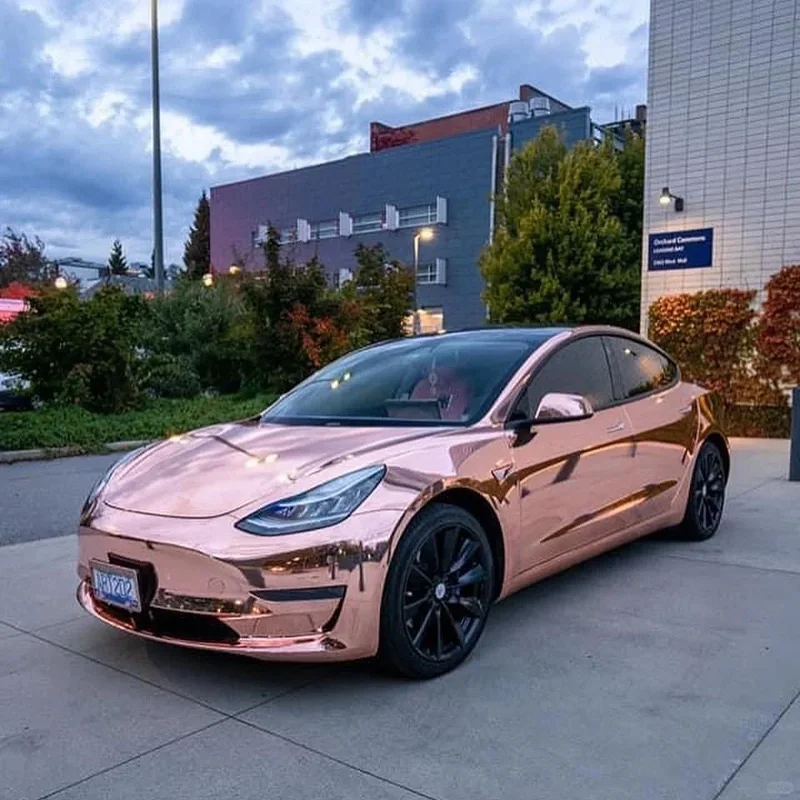 Premium Stretchable Chrome Mirror Rose Gold Vinyl Wrap Roll Self Adhesive Decal Car Wrapping