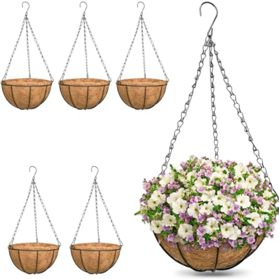 

Metal Round Hanging Planter Basket with Coconut Liners Replacement, Hangg planters Baskets with Natural Coco Ler for Outdoor do