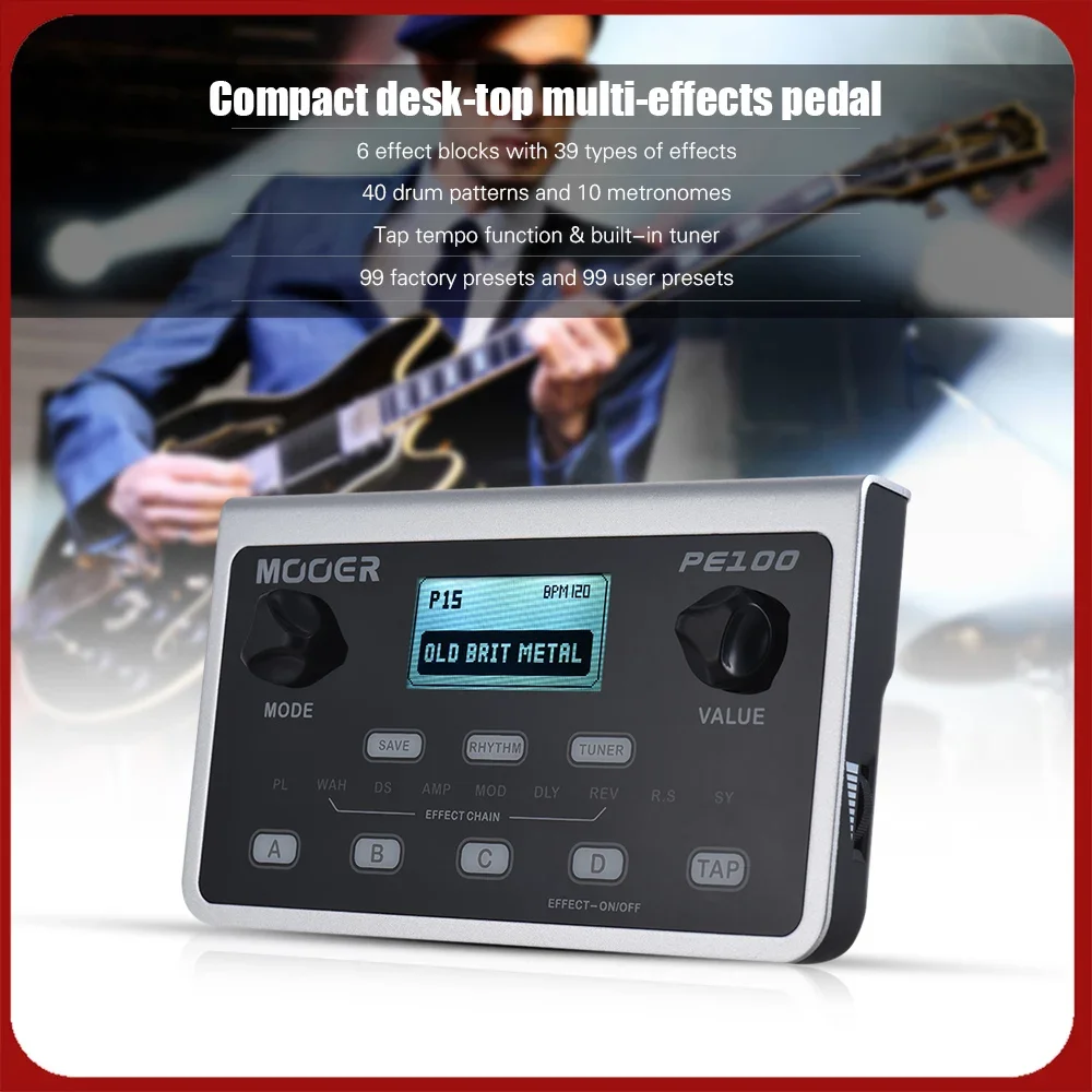 

Интересный портативный мультиэффектный процессор MOOER PE100 для гитары, 39 эффектов, 40 ритмов ударных, 10 метрономов, функция Tap Tempo