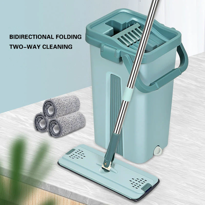 

Flat Squeeze Mop with Bucket Hand Free Wringing Floor Cleaning Mop Microfiber Mop Pads Wet or Dry Usage On Hardwood Laminate