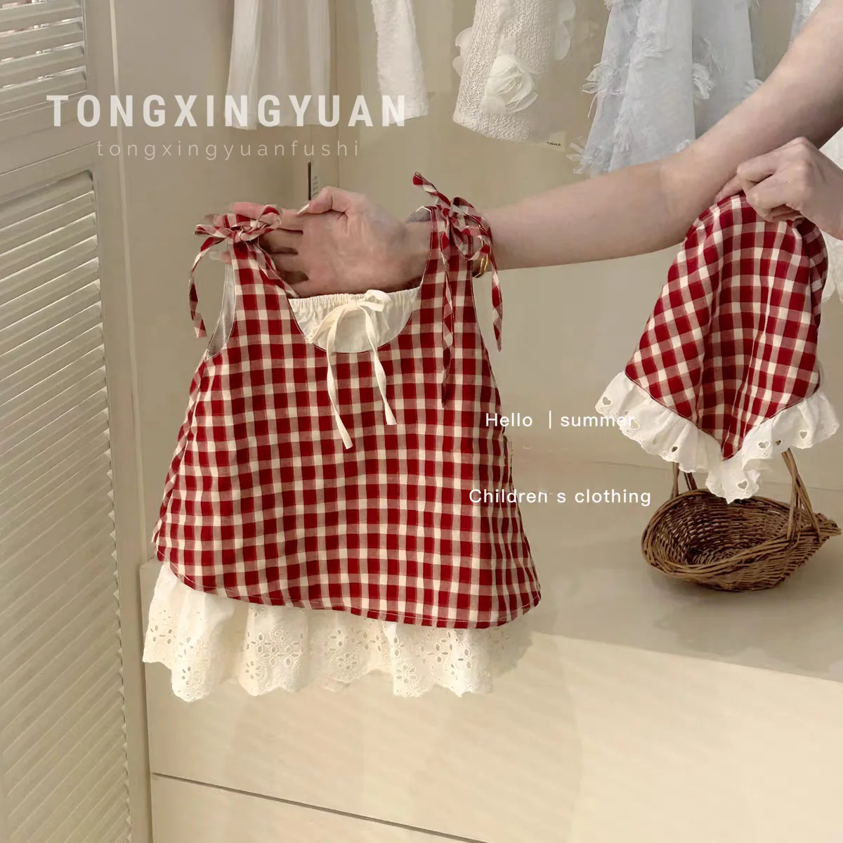 

Children Clothing Girls Red Plaid Fake Two-piece Dress 2024 Summer New Children Baby Bow Vest Dress with Headscarf