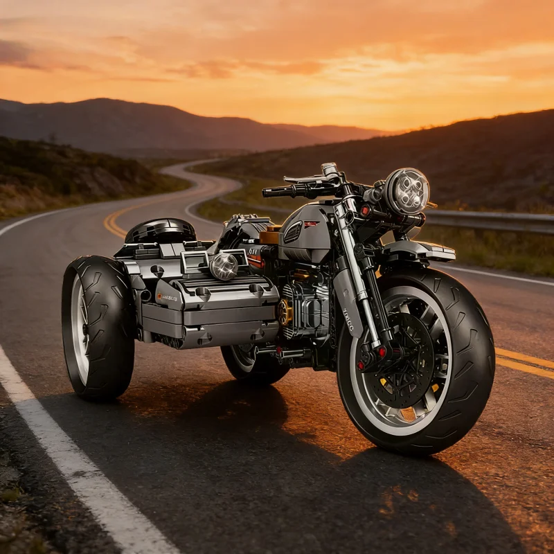 

Механический ретро-мотоцикл-трицикл из строительных блоков, набор для сборки 3-колесной модели мотоцикла с реалистичным двигателем и цепным приводом, коллекционный.