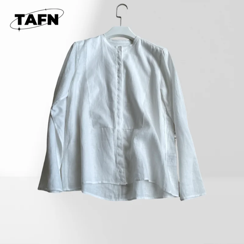 

Linen round Collar with Dark Button Shirt Women's Tunic Blouse Lightweight Long Sleeve Shirt Everyday Cotton Long Sleeve AH0195