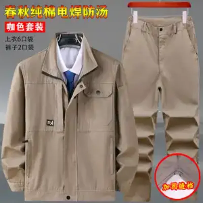 Men Cotton Workwear Set Wear Resistant Anti Scald Welding Uniform Jacket And Pants For Spring Autumn Garage Workshop