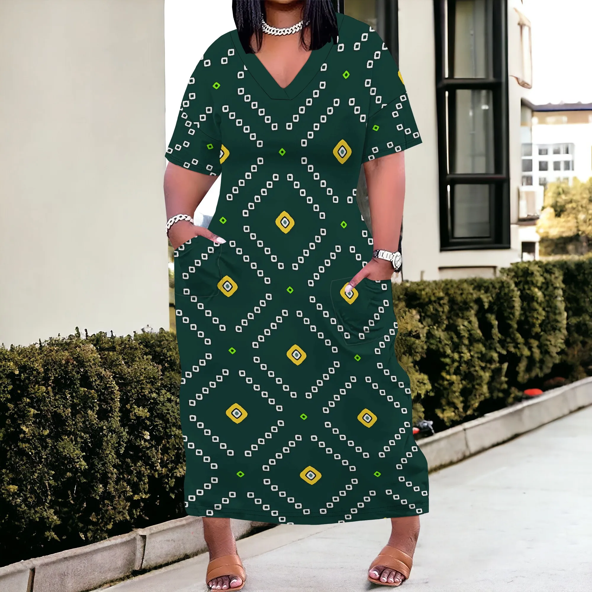 

Nupusa Plus Size Diamond Print V - Neck Dress Women Summer Loose Long Dress