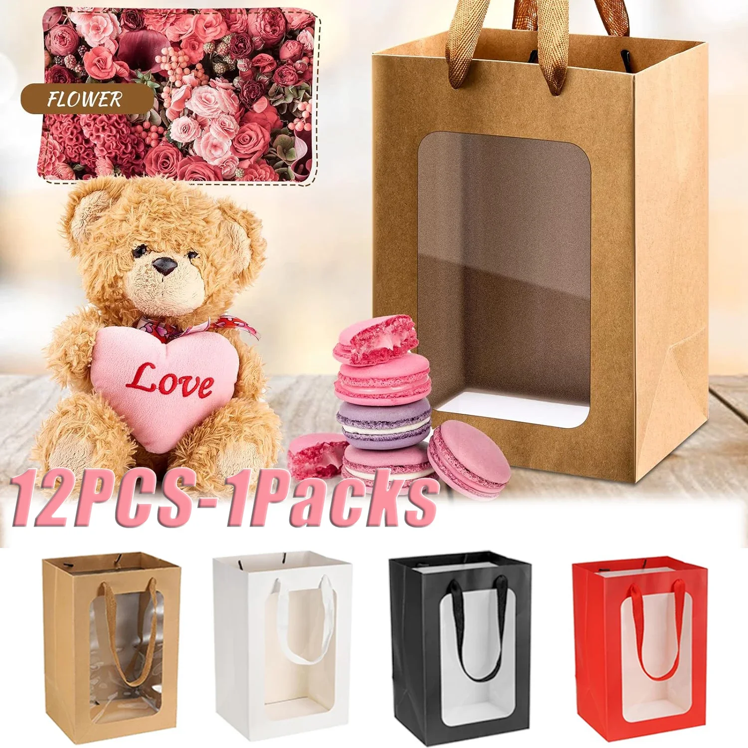 Kraft Paper Gift with Transparent Window Shopping Bags Bulk Flower Boxes Gift Wrap Bags Bouquet Bridal Shopping Presents