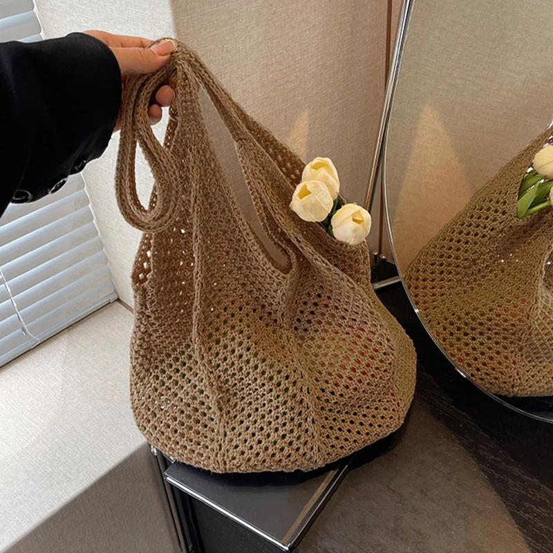 

Fashion Women's Large Capacity Hollow Woven Shoulder Bag Solid Color Crochet Tote Handbag Mesh Knitting Underarm BagSummer Beach