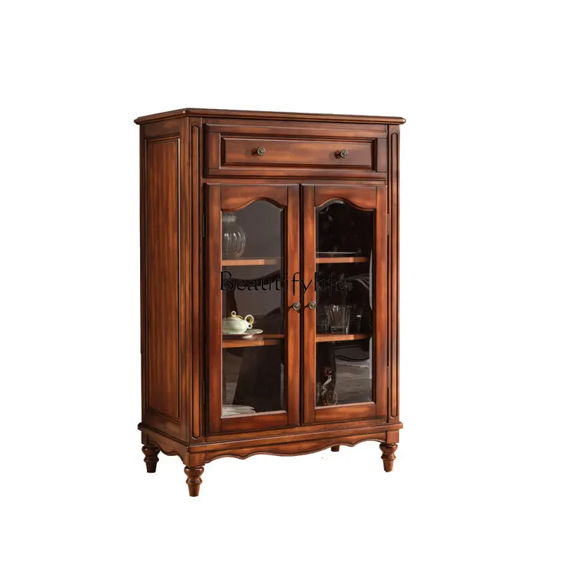 

American Style Decorative Glass Double Door Storage Display Cabinet Solid Wood Living Room Storage Cabinet