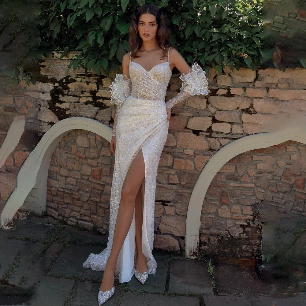

Sexy Shiny Spaghetti Straps Sweetheatr Sheath Wedding Dresses Side Slit Removeable Sleeves Custom Made Rode De Morrie