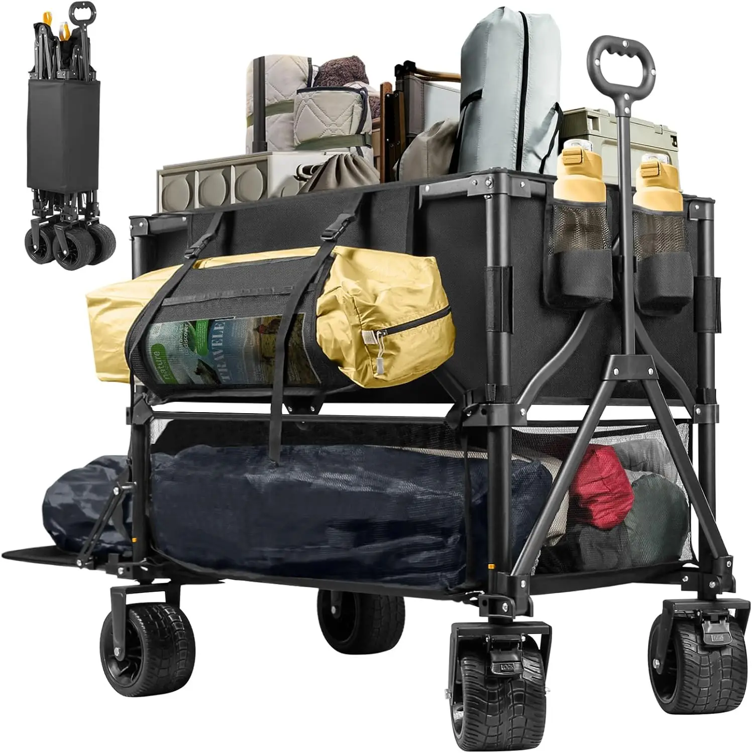 

Double Decker Wagon 600lb Capacity & 400L Collapsible Sports Wagon with Big Wheels 54" Extended Utility Folding Wagon Cart