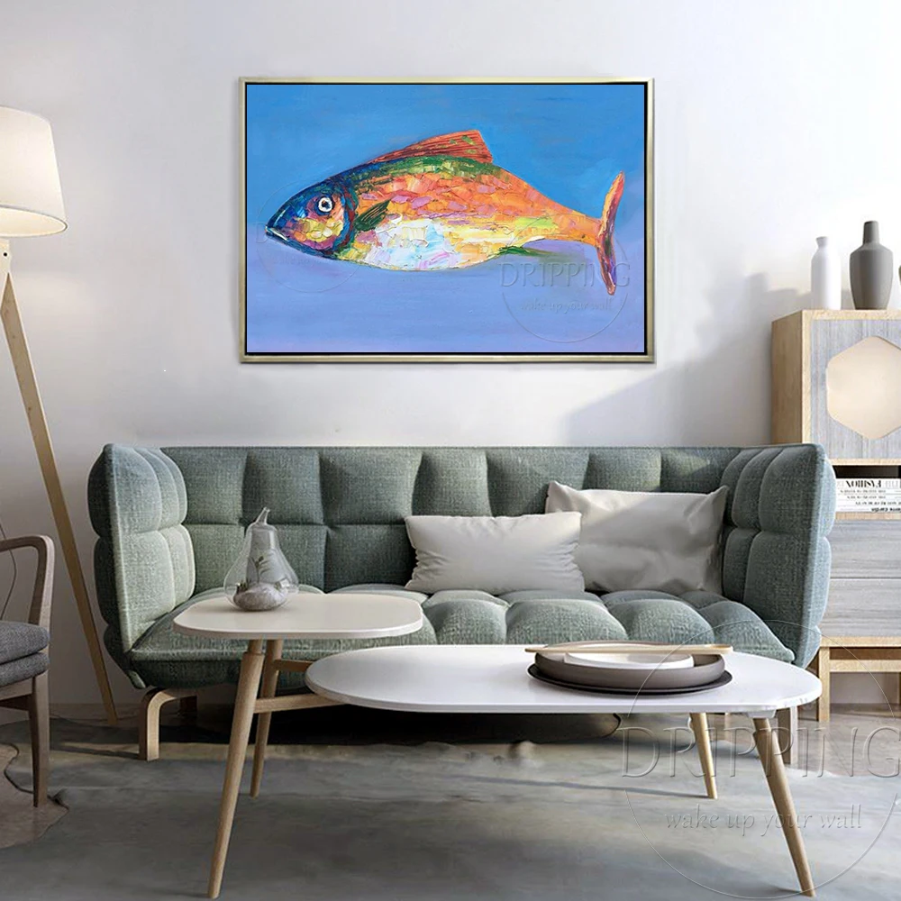 Excellent Artist Hand-painted Lovely Fish Oil Painting on Canvas Cute Sea Animal Fishes Acrylic Painting for Home Wall Decor