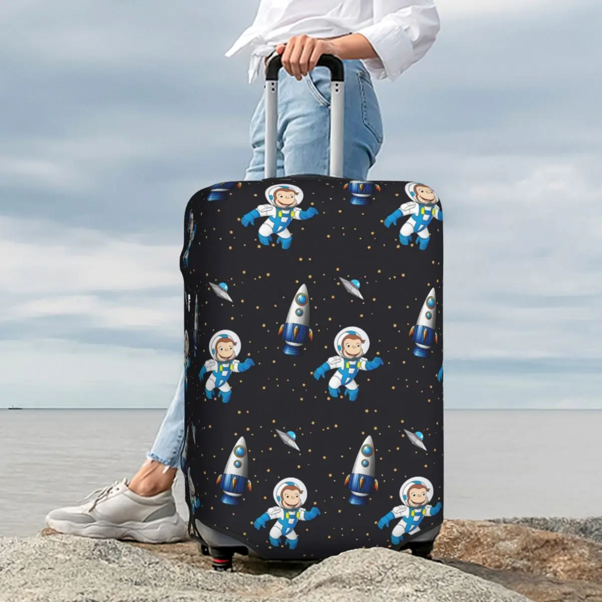 

George The Curious Monkey Astronaut Cartoon Suitcase Cover Protection Elastic Trip Luggage Protector Covers for 18-32 Inch