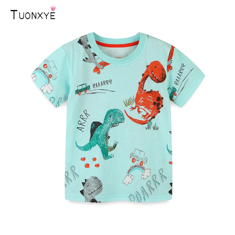 

TUONXYE Fashion Boys Short Sleeve T-shirt Cute Cartoon Dinosaur Rainbow Knitting Casual Cotton Children's Clothes 2-7years