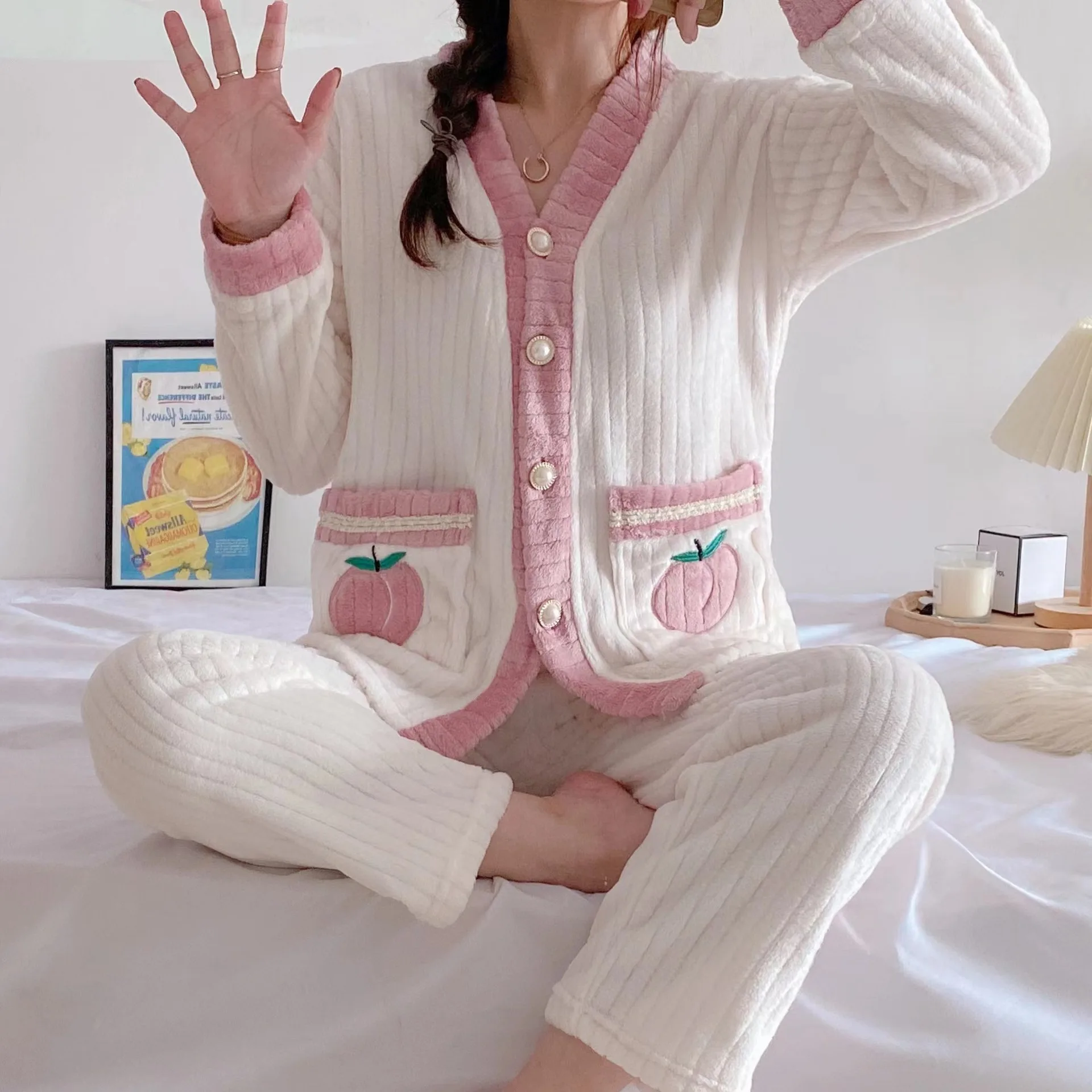 

V Neck Printing Lounge Casual Pyjamas Cardigan Flannel Winter Shirt Pant Pajamas Sets Sleepwear 2Pcs Sleep Suit Homewear