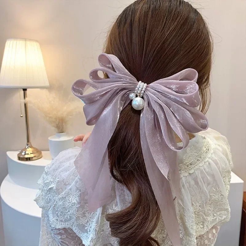 Fermaglio per capelli con fiocco di perle da donna grande bowknot macchia forcina mollette per ragazze tinta unita coda di cavallo clip accessori