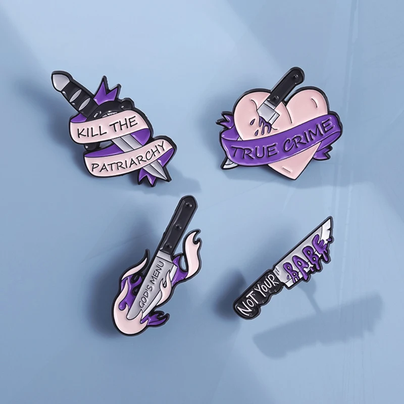 Creative Heart Handknife Kill The Patriarchy Metal Badge Fashion Lapel Brooch Jewelry Gifts Punk Purple Dagger Enamel Pin