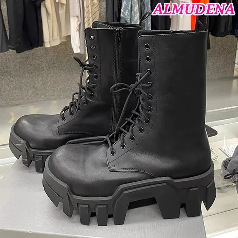 Platform Lack up Cool Motorcycle Boots Black Real Leather Thick Sole Mid Calf Boot Women Winter Luxury Designer Comfy Shoes