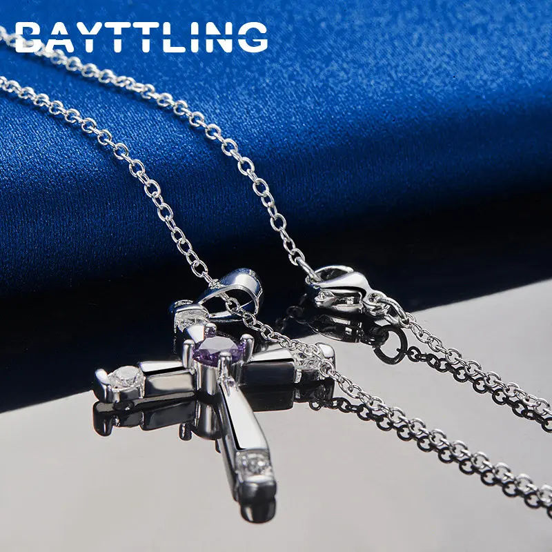 Fine 925 Sterling Silver 16-30 Inches Purple Zircon Cross Necklace Men Women Fashion Gifts Charm Party Jewelry Wedding