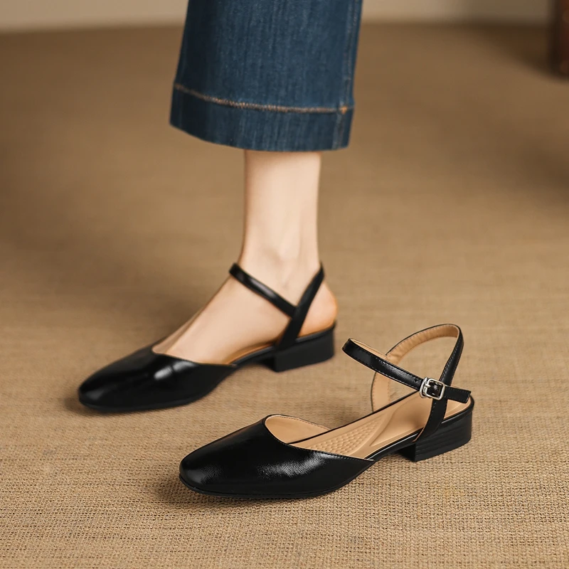 Women's new summer genuine leather cowhide round toe low heel loose grip hollow breathable retro M ü ller shoes fashion sandals