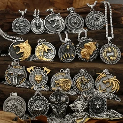 Viking Wolf Head Rune Stainless Steel Pendant Necklace Men's Nordic Mixed Gold Color Animal Amulet Jewelry Gift for Boyfriend