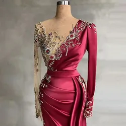 Elegant Burgundy Satin Long Sleeve Party Dress Gemstone Crystal Decal Mermaid Floor-Length Pleats for Women  فساتين مناسبة رسمية