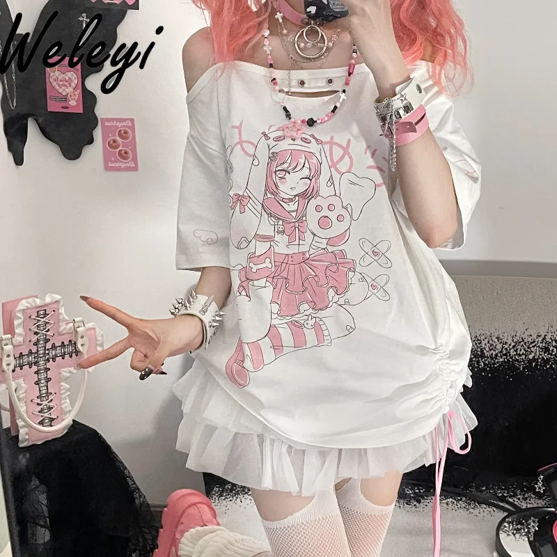 

Original Cute Off-shoulder Collar T-shirt Y2k Sweet Tooth Rabbit Short Sleeve Two-Dimensional Short Sleeve Tshirt Female Tops