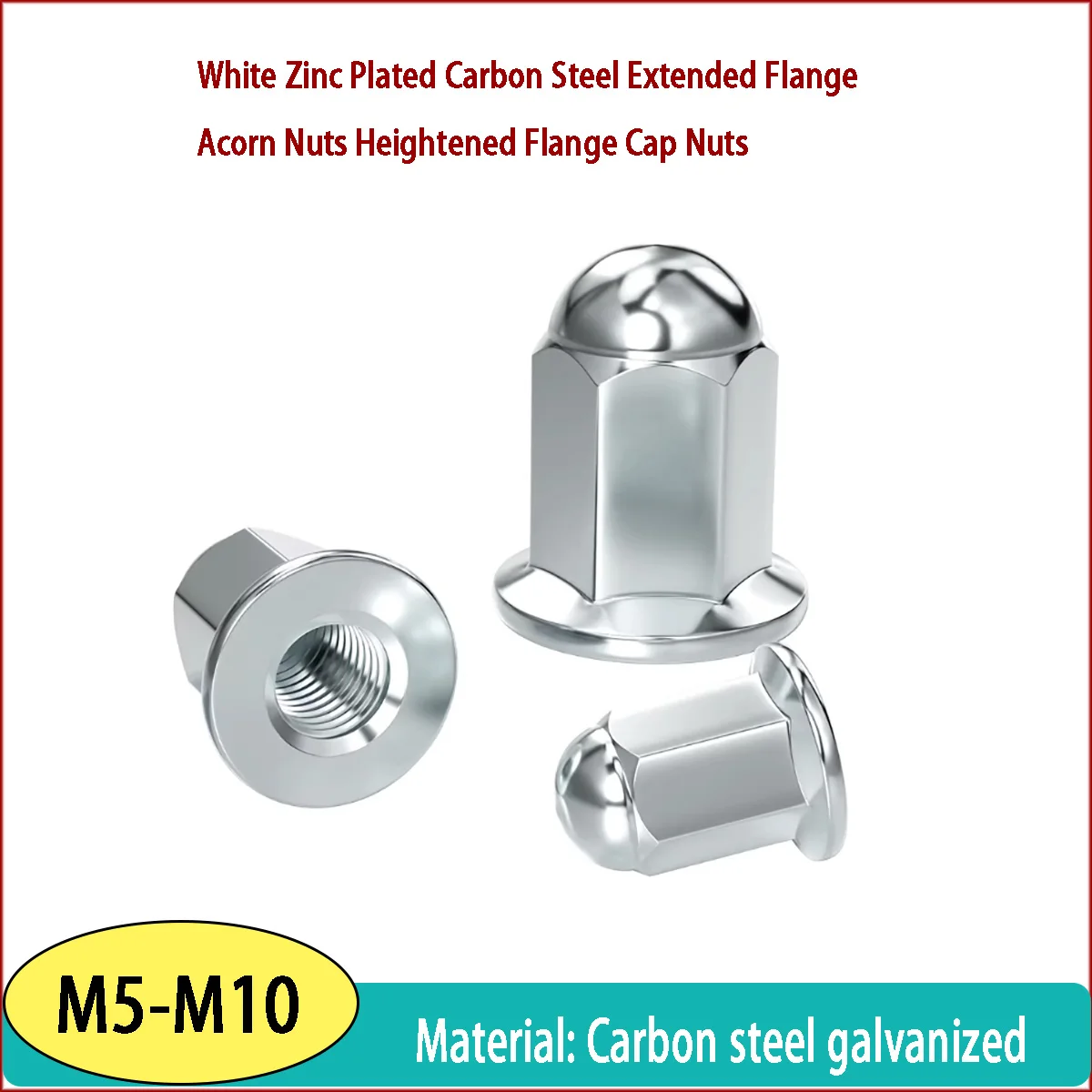White Zinc Plated Carbon Steel Extended Heightened Flange Acorn Nuts - Cap Nuts for Motorcycle Cylinders M5-M10