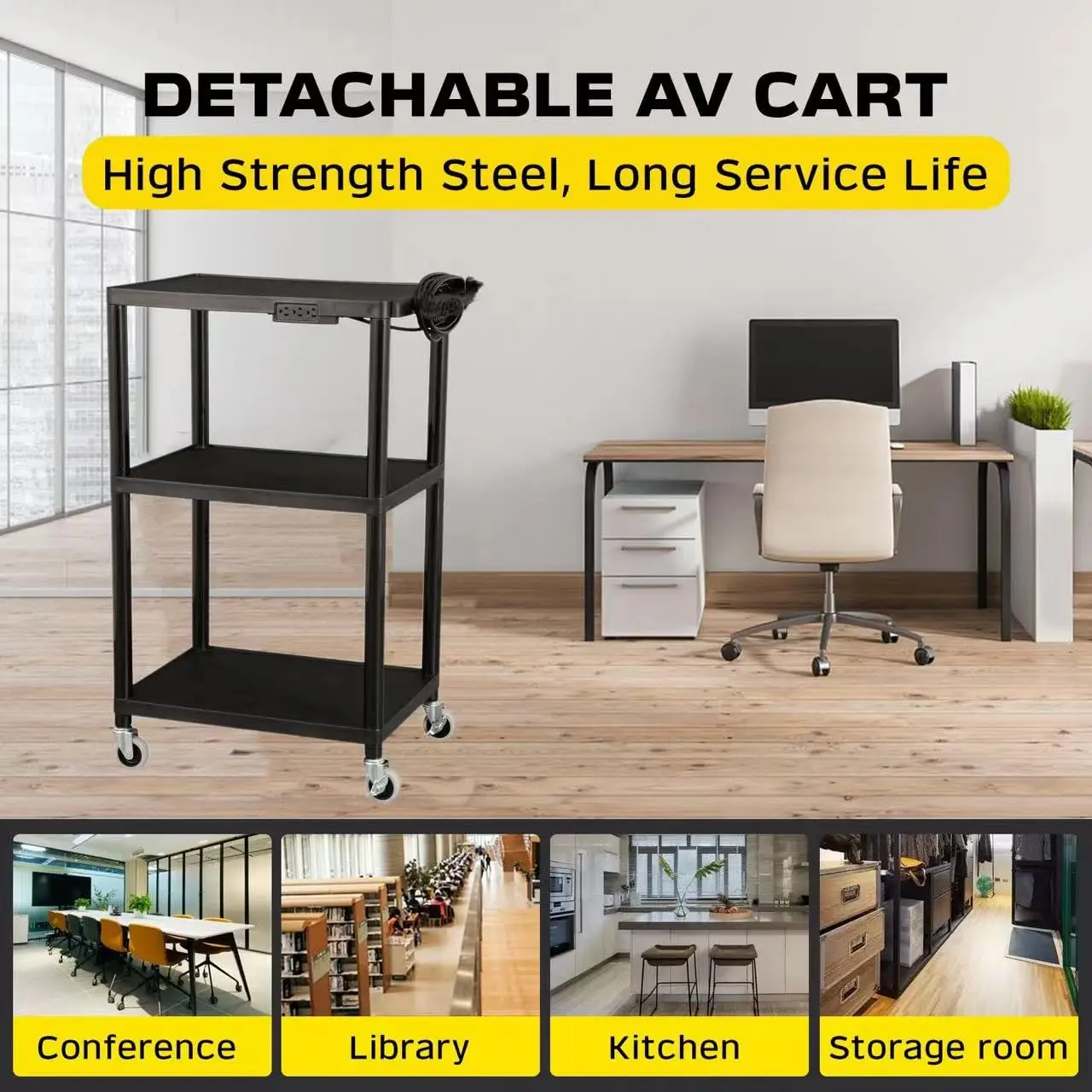 AV Cart Commercial Furniture Mobile Utility AV Cart with Power Strip and Casters Rolling Presentation and Media Cart on Wheels