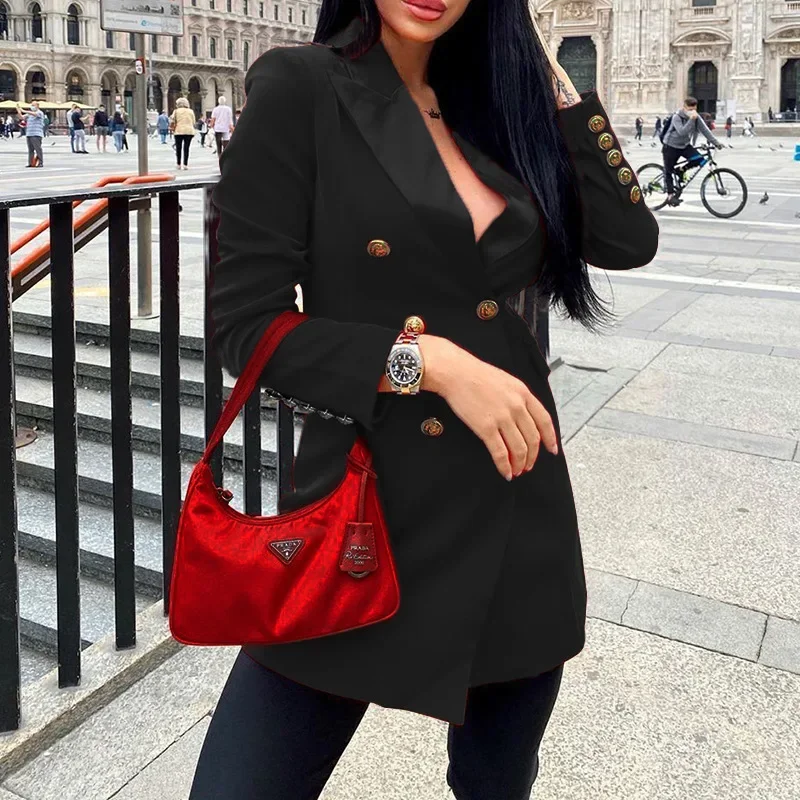 Fashion Blazer for Women Jackets 2023 New Autumn Winter Office Ladies Long Coats Elegant Suit Double Breasted Outerwear