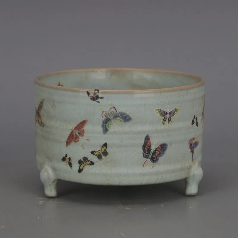 China Celadon Porcelain Tripod Incense Burner Song Ru Kiln Butterfly Design 5.1