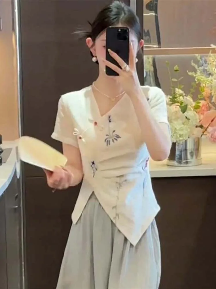 

New 2025 Summer Chinese Sle Slim Fit ort Sve Embroidered Waist Cinched Faionable Versatile Asymmetrical Top Women's ...