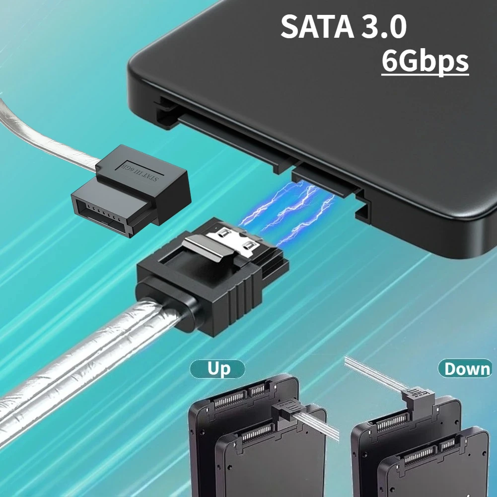 180 to 90 Degree 6Gb/s SATA3 SATA III Data Cable w Locking Latch Dual Channel SATA 3.0 SATAIII 6Gbps HDD Hard Drive / SSD Silver