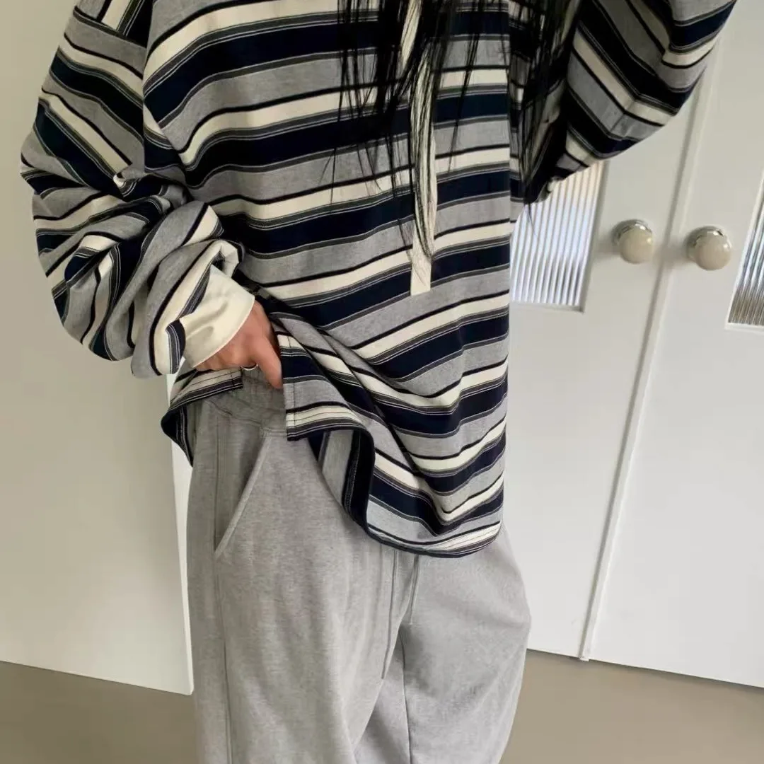 Chic Korean Striped Long Sleeve  Neck T-Shirt Women Loose Lazy Color Block Collar Mid-Length Top Casual Style Pure Cotton