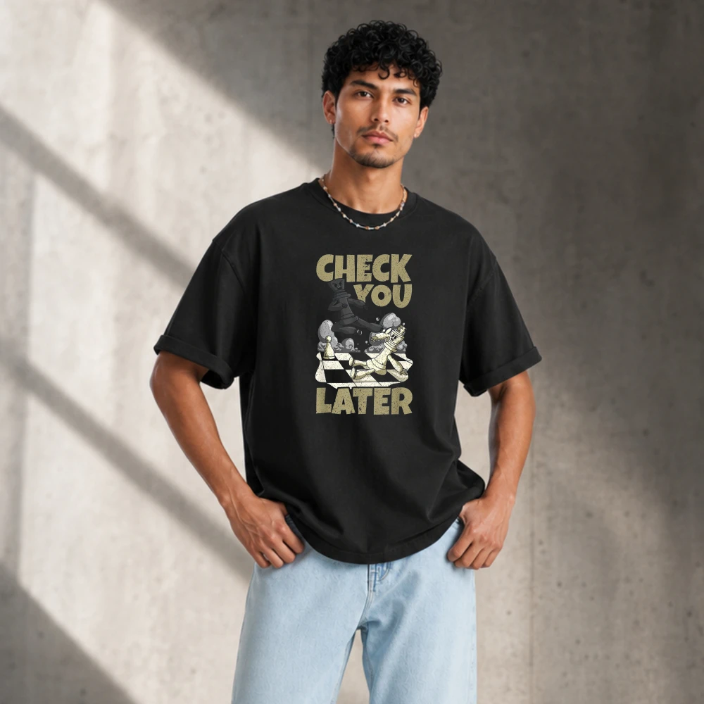 Men Vintage Check You Later Chess Pun Graphic T-Shirt Pure Cotton Casual Streetwear Chess Player Humor Quote Daily Outfit Tops