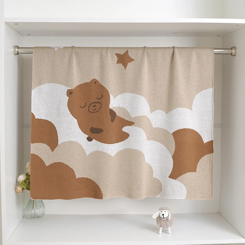 ベビーブランケットニット新生児男の子女の子寝具ベビーベッドキルト100-80センチ幼児ベビーカーおくるみかわいい漫画クマチェック柄ラップスーパーソフト